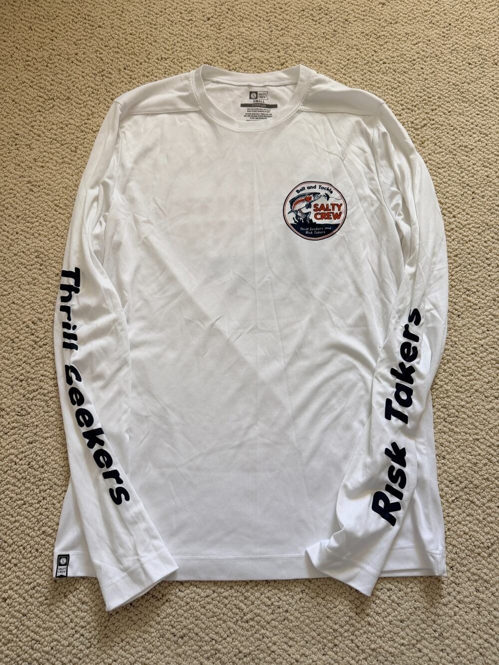 Salty Crew Bait and Tackle Long Sleeve Tech Tee Mens Small White Fishing Shirt